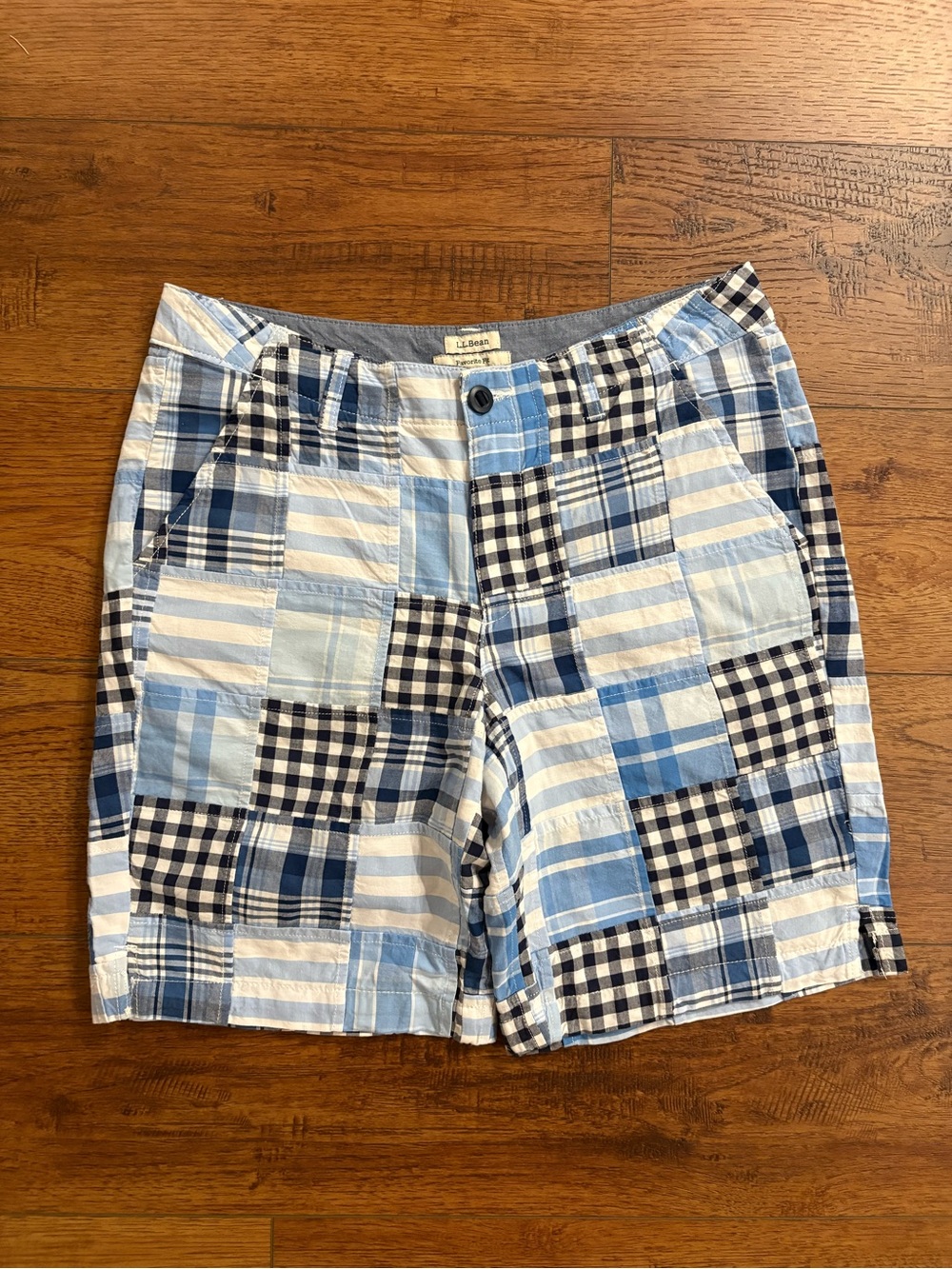 L.L.Bean Women 8 Patchwork Madras Bermuda Shorts Blue Favorite Fit Preppy